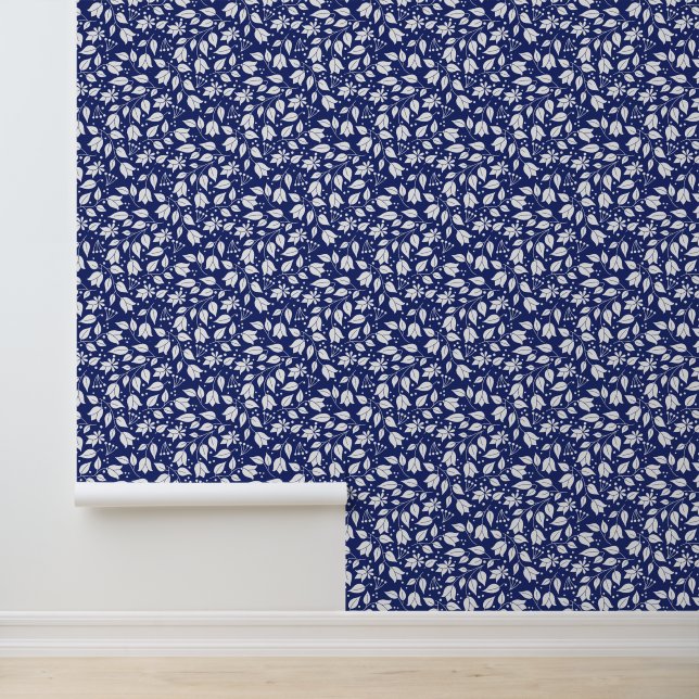 White and Navy Floral Wallpaper (Application)