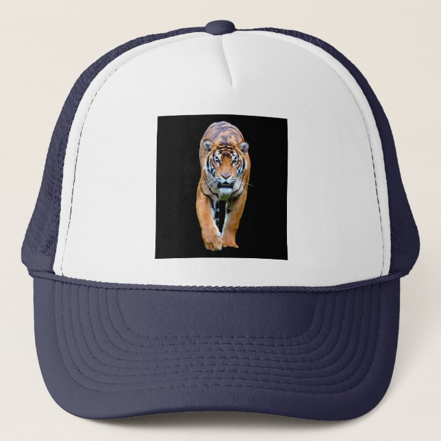White And Navy Modern Elegant Pop Art Tiger Trendy Trucker Hat (Front)