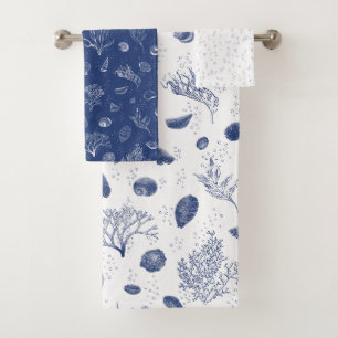 White and navy towel set - seashells and seaweed
