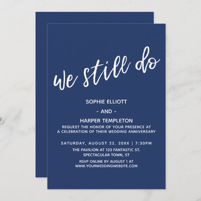White and Navy We Still Do Handwriting Anniversary Invitation (Front/Back)