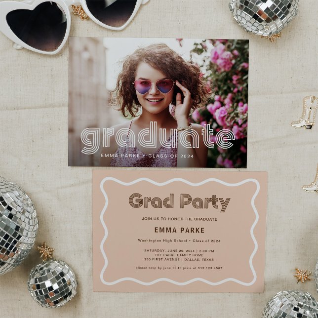 White and Neutral Disco Text and Photo Grad Party Announcement (Creator Uploaded)