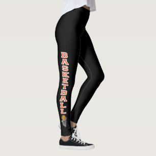 White and Orange Basketball Design on Black Leggings