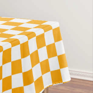 White and orange chequered check cotton dining tablecloth