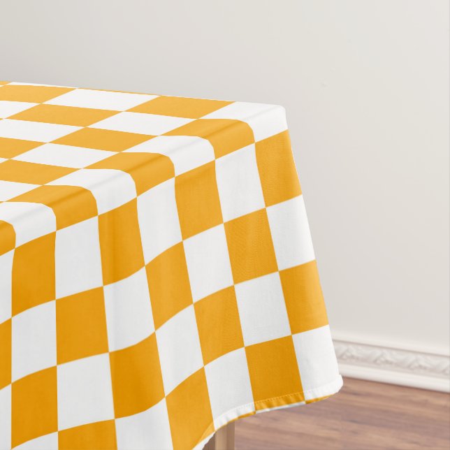 White and orange chequered check cotton dining tablecloth (In Situ)