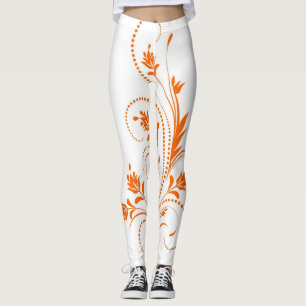 White and Orange Damask Scrollwork Floral Pattern Leggings