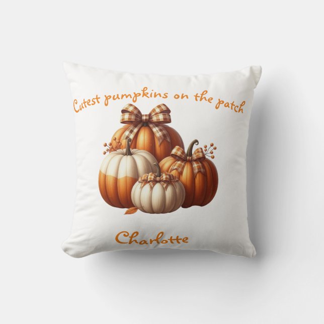 White and orange fall elegant Pumpkins Throw Pillow (Front)