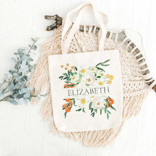 White and Orange Floral Bridesmaid Monogram Name Tote Bag