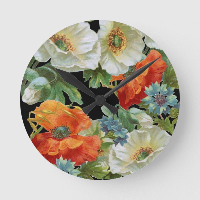 White and Orange Poppies Floral Wall Clock (Front)