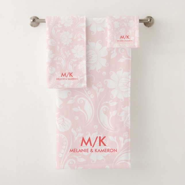 White and pale pink floral damasks | monogram bath towel set (Insitu)