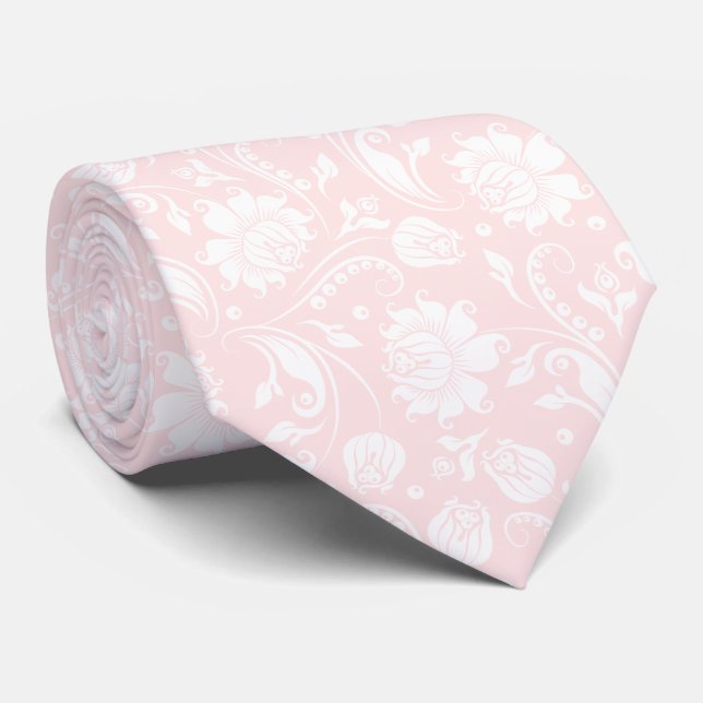 White and pale pink floral damasks tie (Rolled)
