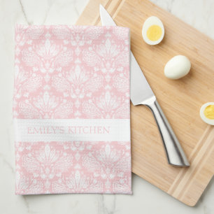 White and Pale pink vintage floral damasks pattern Kitchen Towel
