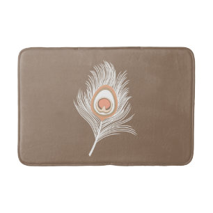 White and Peach Peacock Feather on Taupe Tan Bath Mat