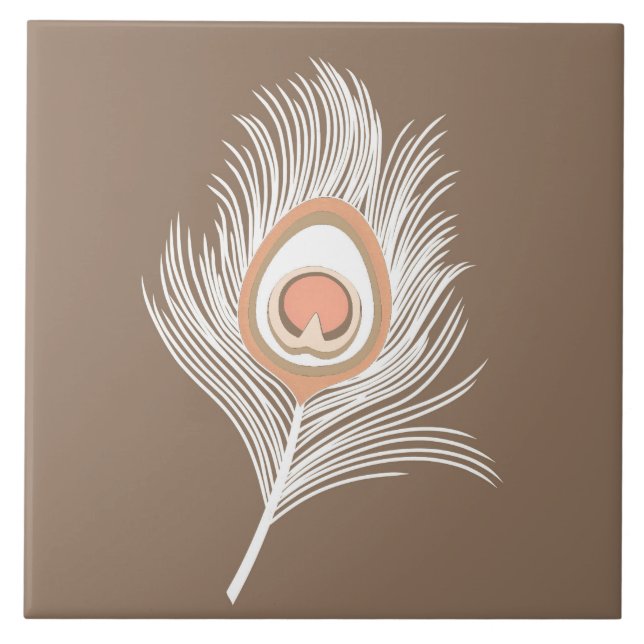 White and Peach Peacock Feather on Taupe Tan Tile (Front)
