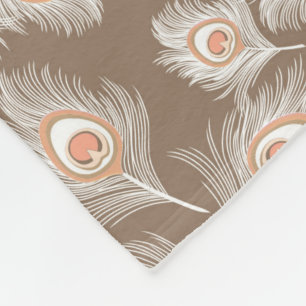White and Peach Peacock Feathers on Taupe Tan Fleece Blanket