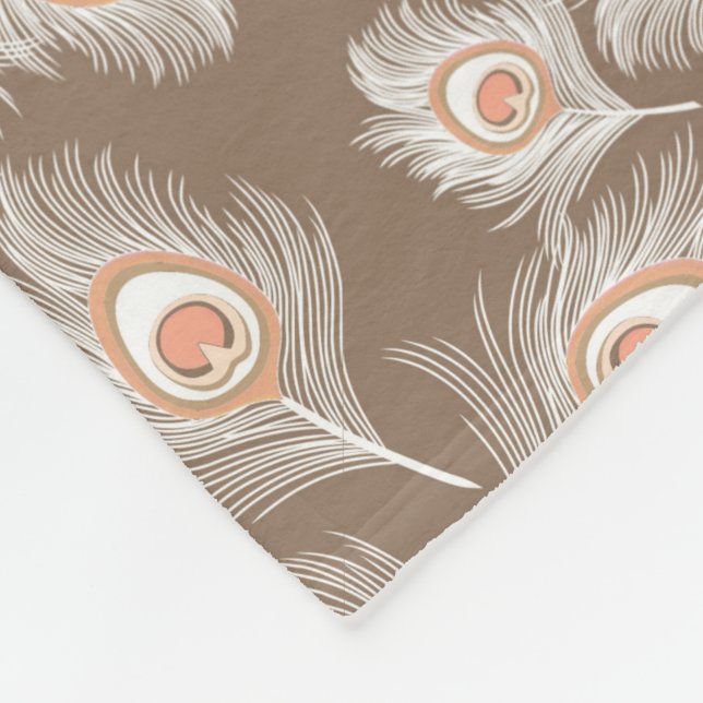 White and Peach Peacock Feathers on Taupe Tan Fleece Blanket (Corner)