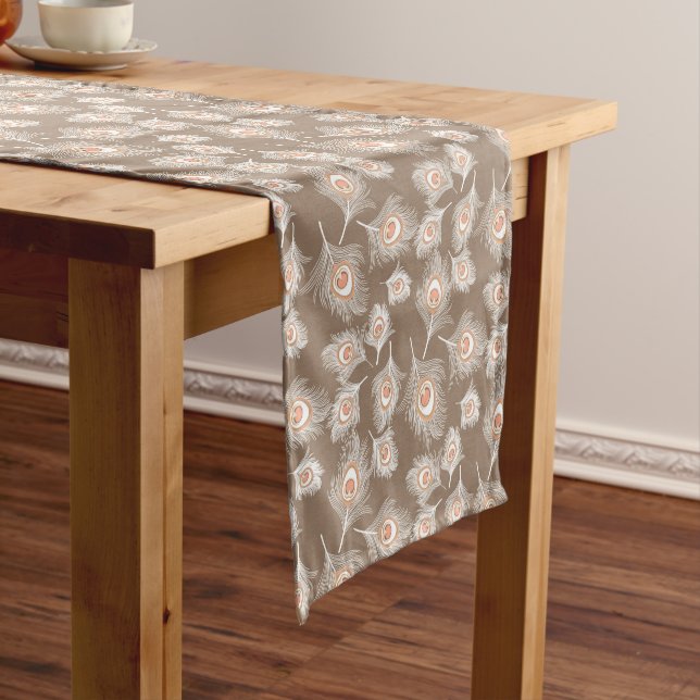 White and Peach Peacock Feathers on Taupe Tan Short Table Runner (In Situ)