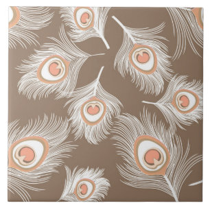 White and Peach Peacock Feathers on Taupe Tan Tile