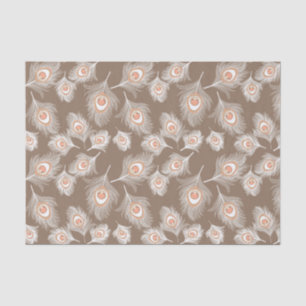 White and Peach Peacock Feathers on Taupe Tan Tissue Paper