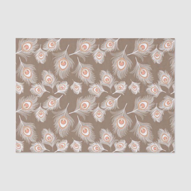 White and Peach Peacock Feathers on Taupe Tan Tissue Paper (Front)