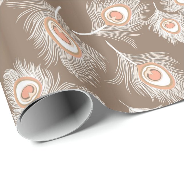 White and Peach Peacock Feathers on Taupe Tan Wrapping Paper (Roll Corner)