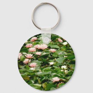 White and Peach Water Lilies in the Pond Keychain