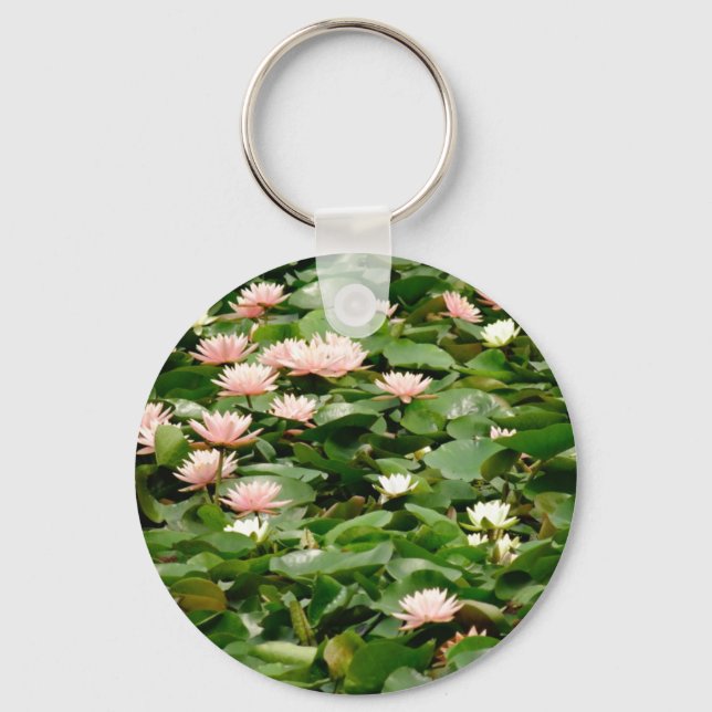 White and Peach Water Lilies in the Pond Keychain (Front)