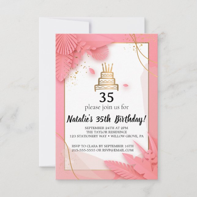 White and pink 35th Birthday Invitation (Front)