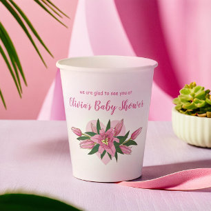 White and Pink Blooming Lilies Baby Shower Paper Cups