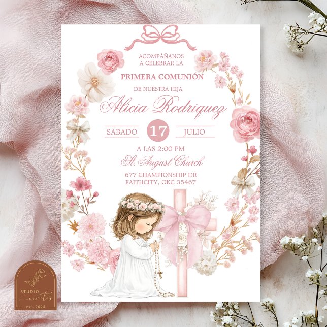 White and Pink Bow Coquette First Holy Communion I Invitation (Creator Uploaded)