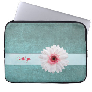 White and Pink Daisy on Turquoise Laptop Sleeve