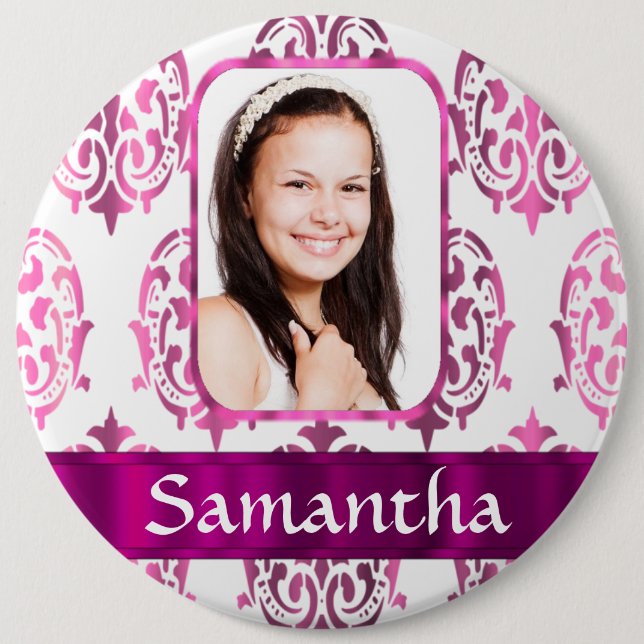 White and pink damask 6 inch round button (Front)