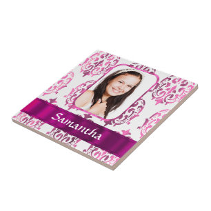 White and pink damask tile