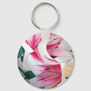 White and Pink day lily watercolor art flower Keychain