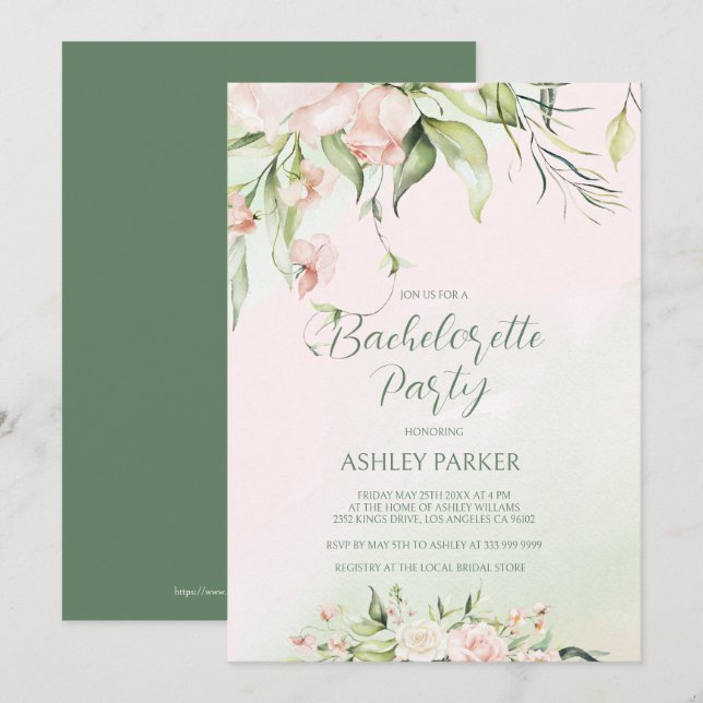 White and pink flowers Bachelorette Party Invite  (Front/Back)