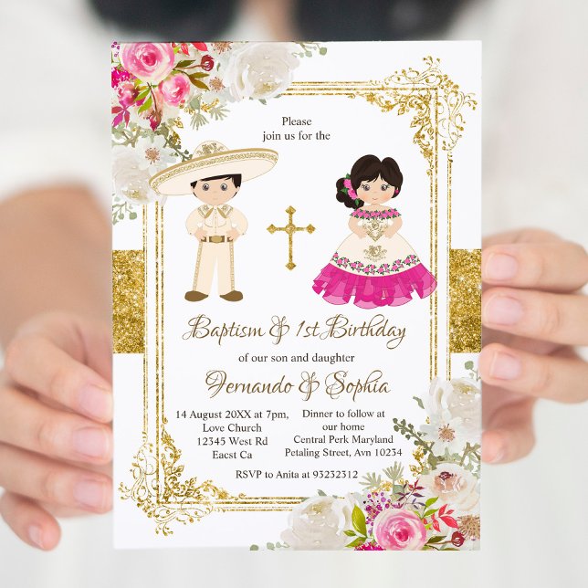 White and Pink Flowers Baptism Fiesta Twin  Invitation (Creator Uploaded)