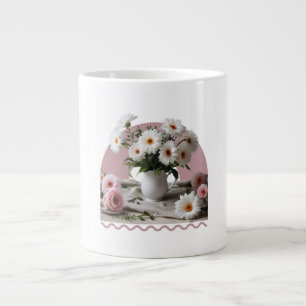 White and Pink Flowers Large Coffee Mug
