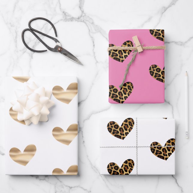 White and Pink Gold Glam and Leopard Hearts Wrapping Paper Sheet (Front)