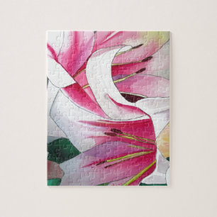 White and pink lily flower watercolor art jigsaw puzzle