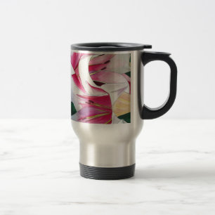 White and pink lily flower watercolor art travel mug