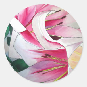 White and Pink Lily flower watercolor original art Classic Round Sticker