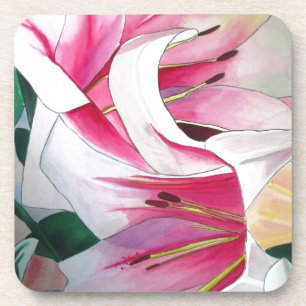 White and Pink Lily flower watercolor original art Coaster
