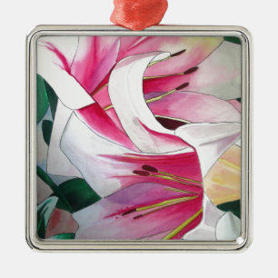 White and Pink Lily flower watercolor original art Metal Ornament