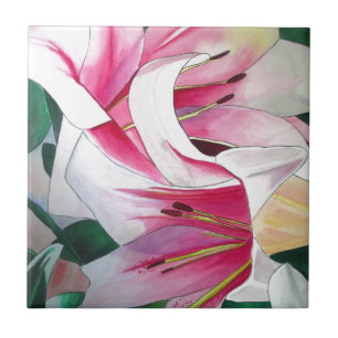 White and Pink Lily flower watercolor original art Tile