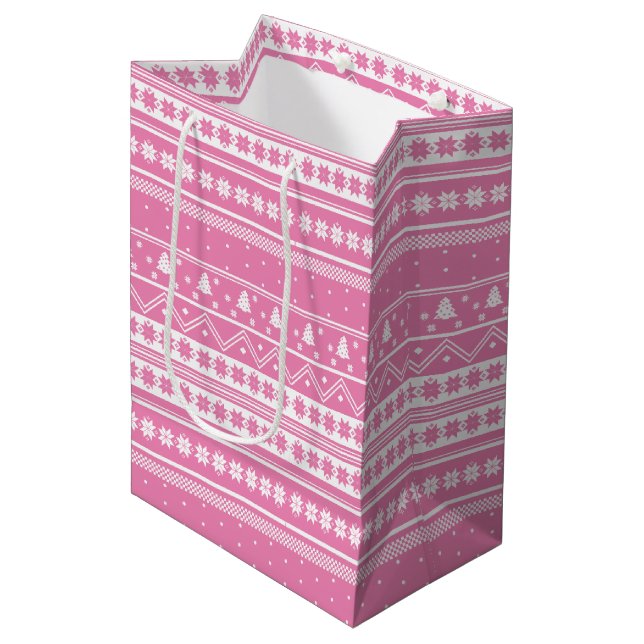White And Pink Nordic Sweater Christmas Pattern    Medium Gift Bag (Front Angled)