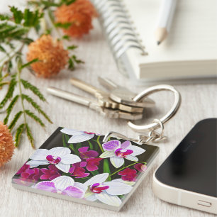 White and pink orchid flowers keychain