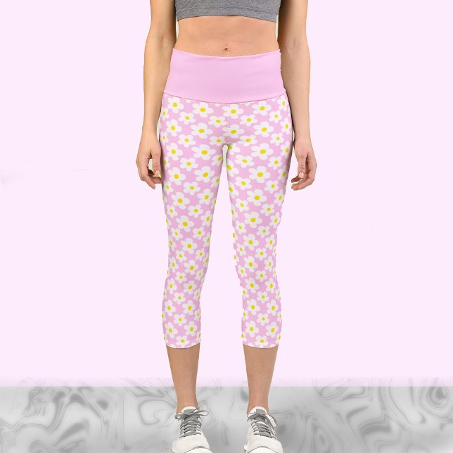 White and pink retro daisies cute floral workout capri leggings (Creator Uploaded)