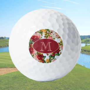 White and Pink Roses Floral Custom Monogram Golf Balls