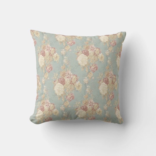 White and Pink Roses on Blue Shabby Chic Throw Pillow (Front)