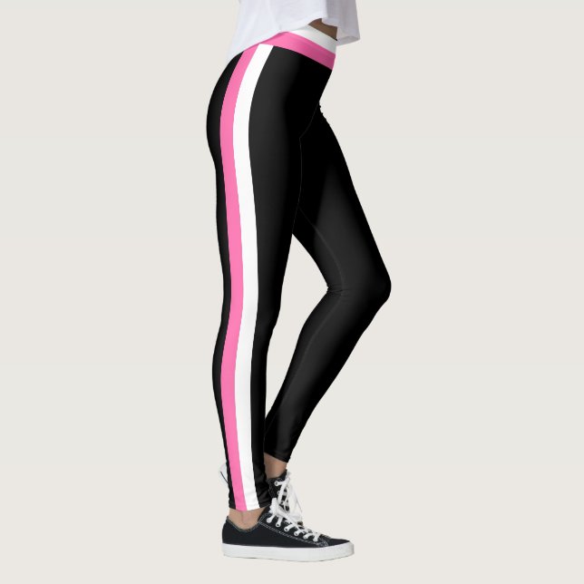 White and Pink Side Stripe Black Sports Leggings (Right)