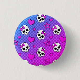 White and pink skull and hearts pattern 1 inch round button